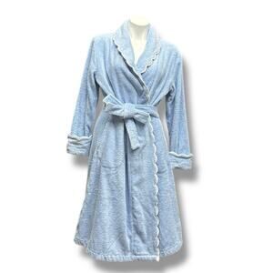 Ella Simone Bath Robe Scalloped Collar Terry Cloth Attached Tie Baby Blue Sz XL